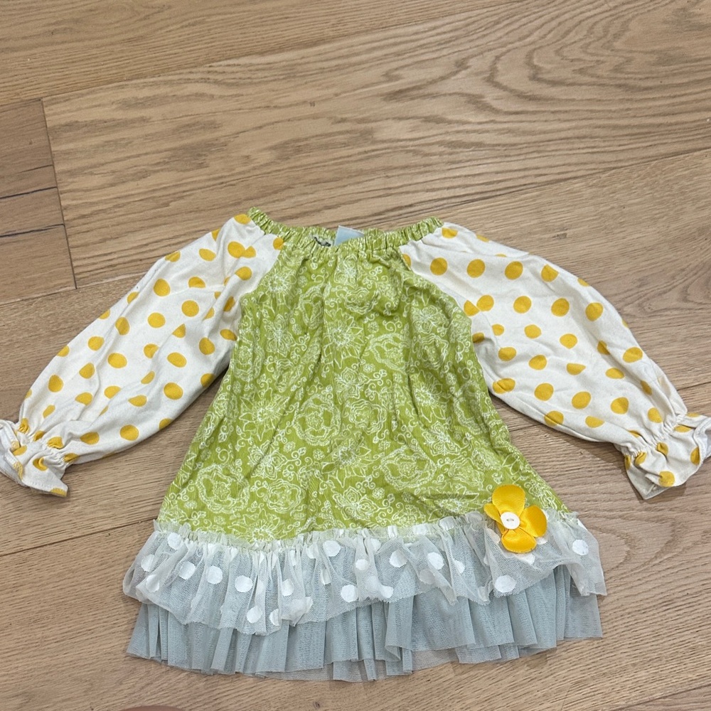 Peaches & cream Green and Yellow Polka Dot Dress with Tulle 4Y